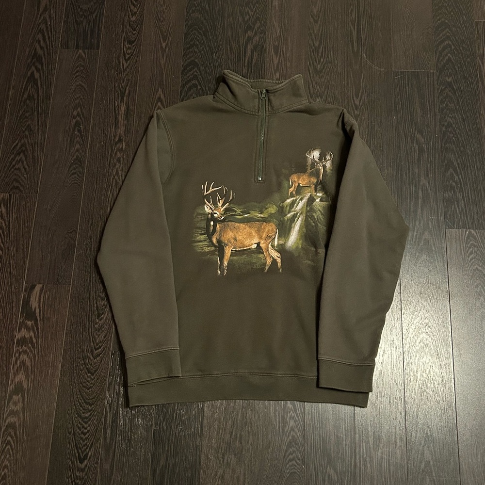 Men's Olive Green Quarter-Zip Pullover Sweatshirt with Deer Graphic